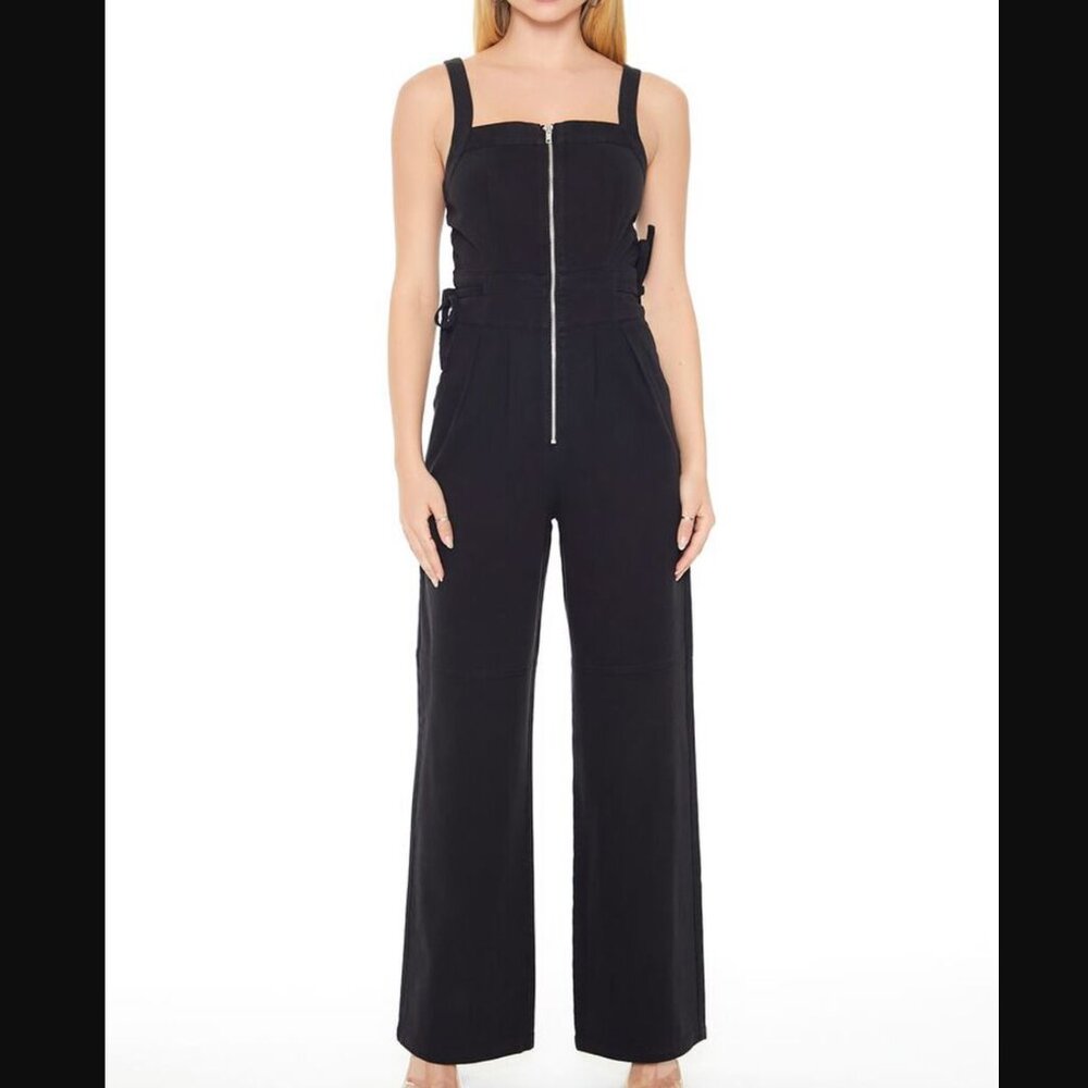 Forever 21 X-Small Black Cutout Zip-Up Denim Jumpsuit NWT